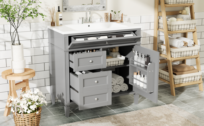 36'' Bathroom Vanity with Top Sink, Modern Bathroom Storage Cabinet with 2 Drawers and a Tip-out Drawer, Single Sink Bathroom Vanity