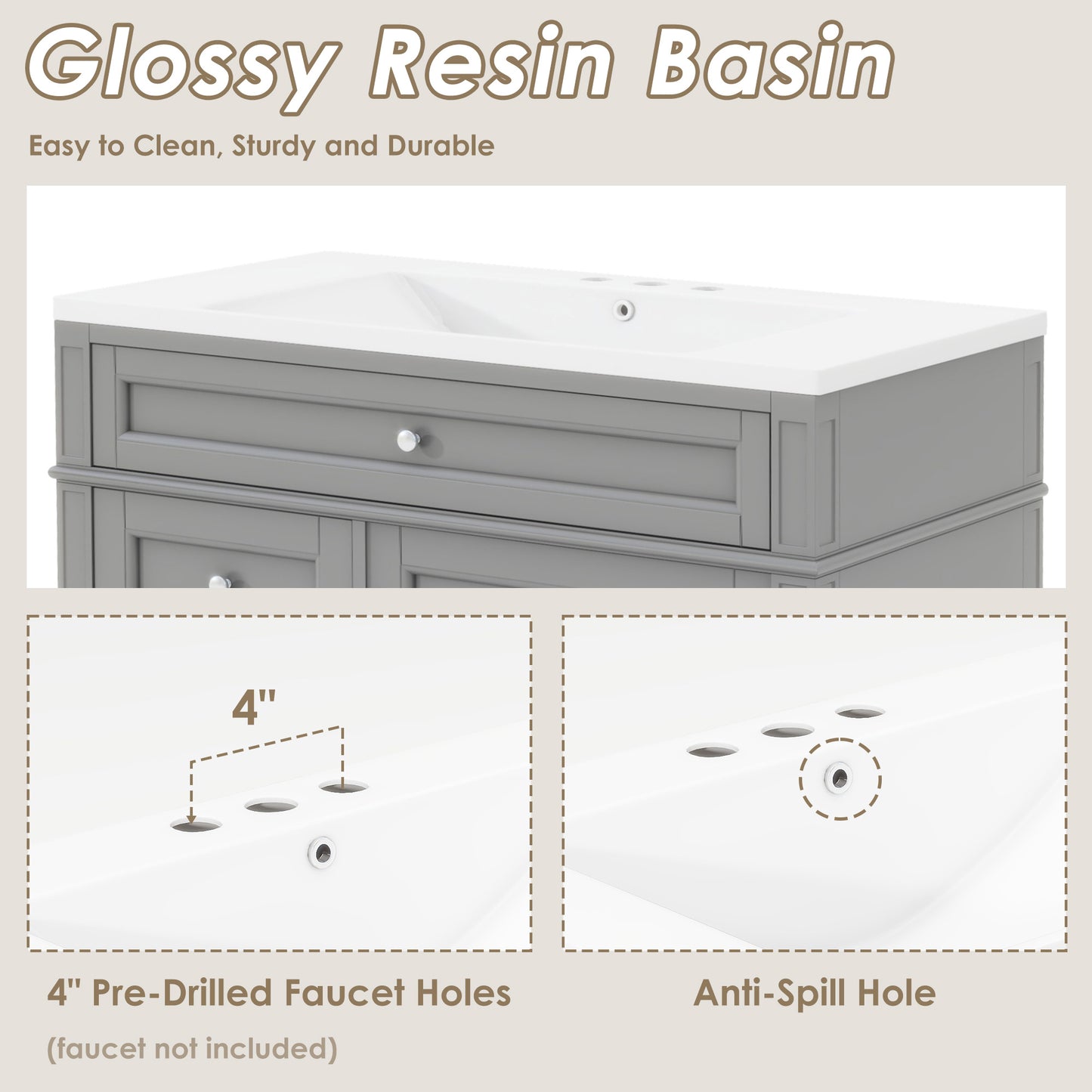 36'' Bathroom Vanity with Top Sink, Modern Bathroom Storage Cabinet with 2 Drawers and a Tip-out Drawer, Single Sink Bathroom Vanity