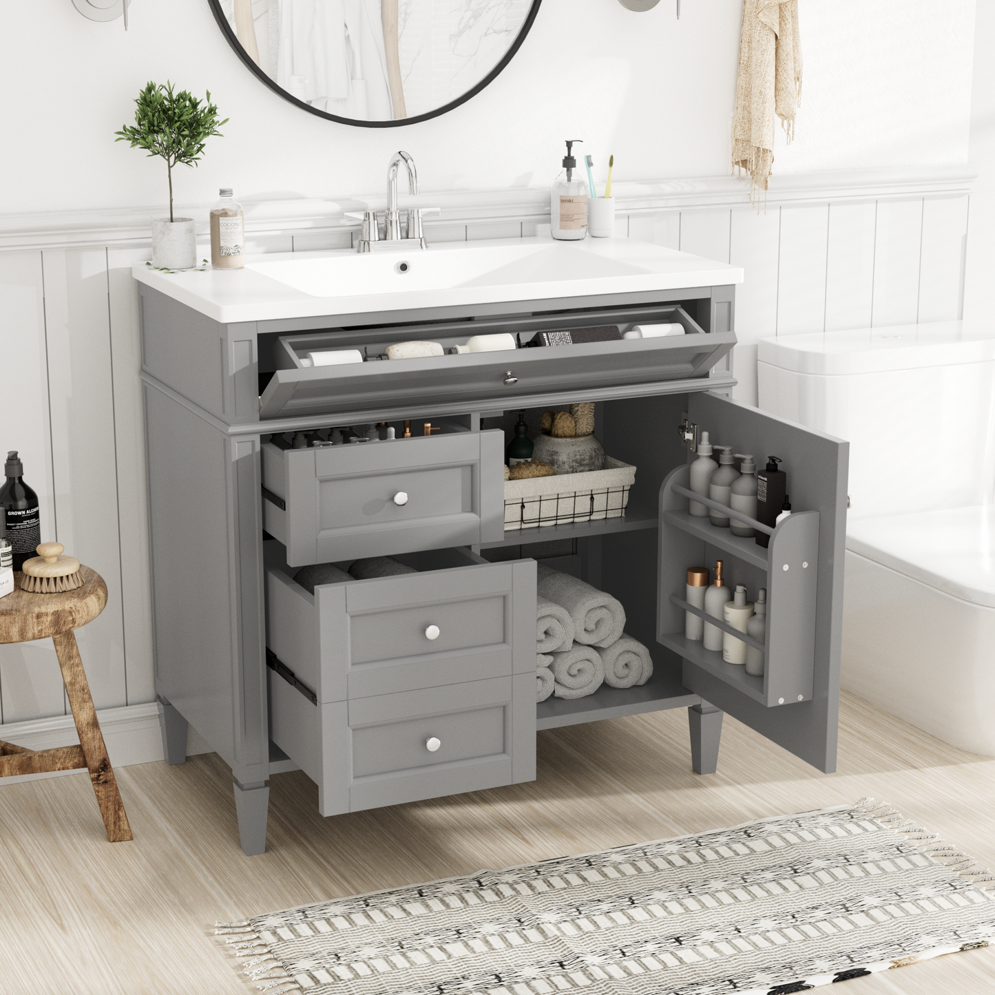 36'' Bathroom Vanity with Top Sink, Modern Bathroom Storage Cabinet with 2 Drawers and a Tip-out Drawer, Single Sink Bathroom Vanity