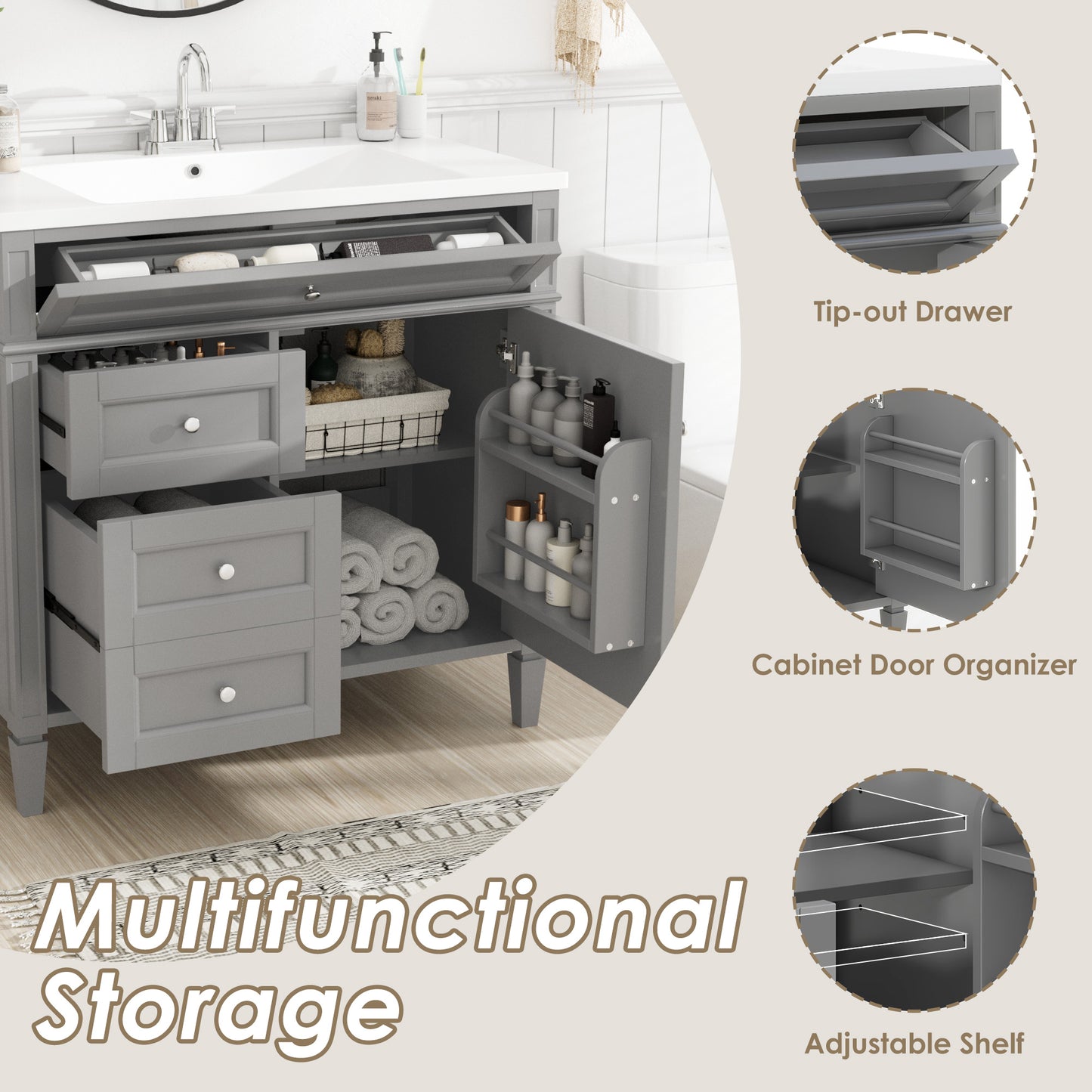 36'' Bathroom Vanity with Top Sink, Modern Bathroom Storage Cabinet with 2 Drawers and a Tip-out Drawer, Single Sink Bathroom Vanity
