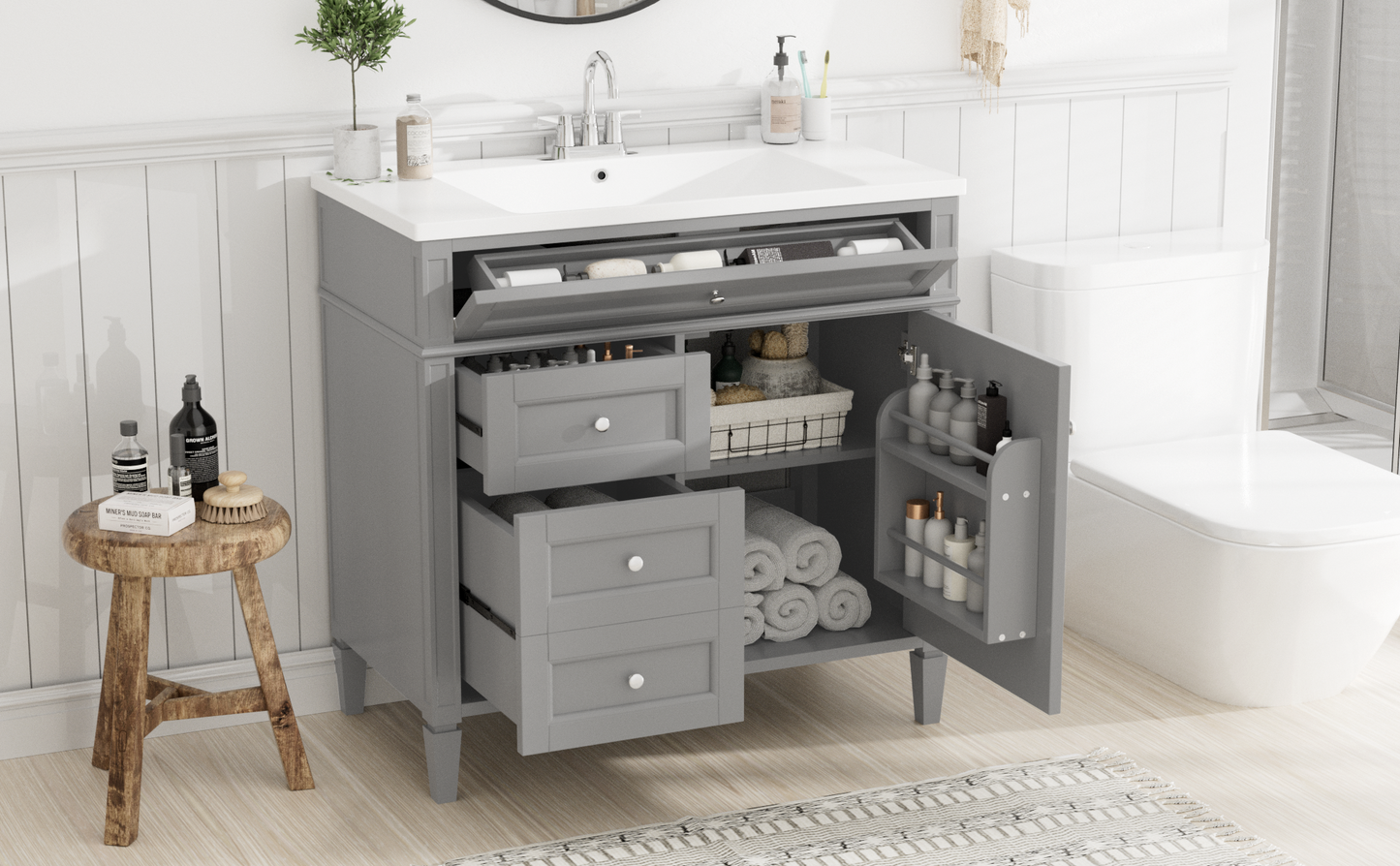36'' Bathroom Vanity with Top Sink, Modern Bathroom Storage Cabinet with 2 Drawers and a Tip-out Drawer, Single Sink Bathroom Vanity