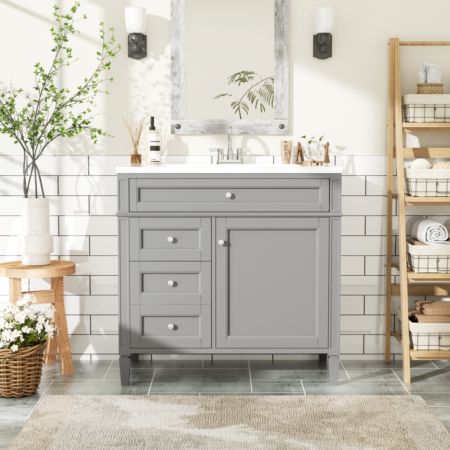 36'' Bathroom Vanity with Top Sink, Modern Bathroom Storage Cabinet with 2 Drawers and a Tip-out Drawer, Single Sink Bathroom Vanity