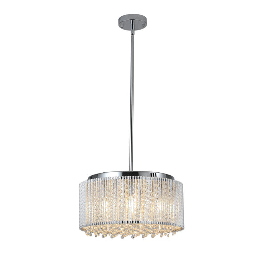 16" Elegant Crystal Pendant Chandelier with Chrome Finish – 7-Light Drum Light Fixture with Clear Crystal Strands for Dining Room, Living Room, or Bedroom (Bulb Not Included)