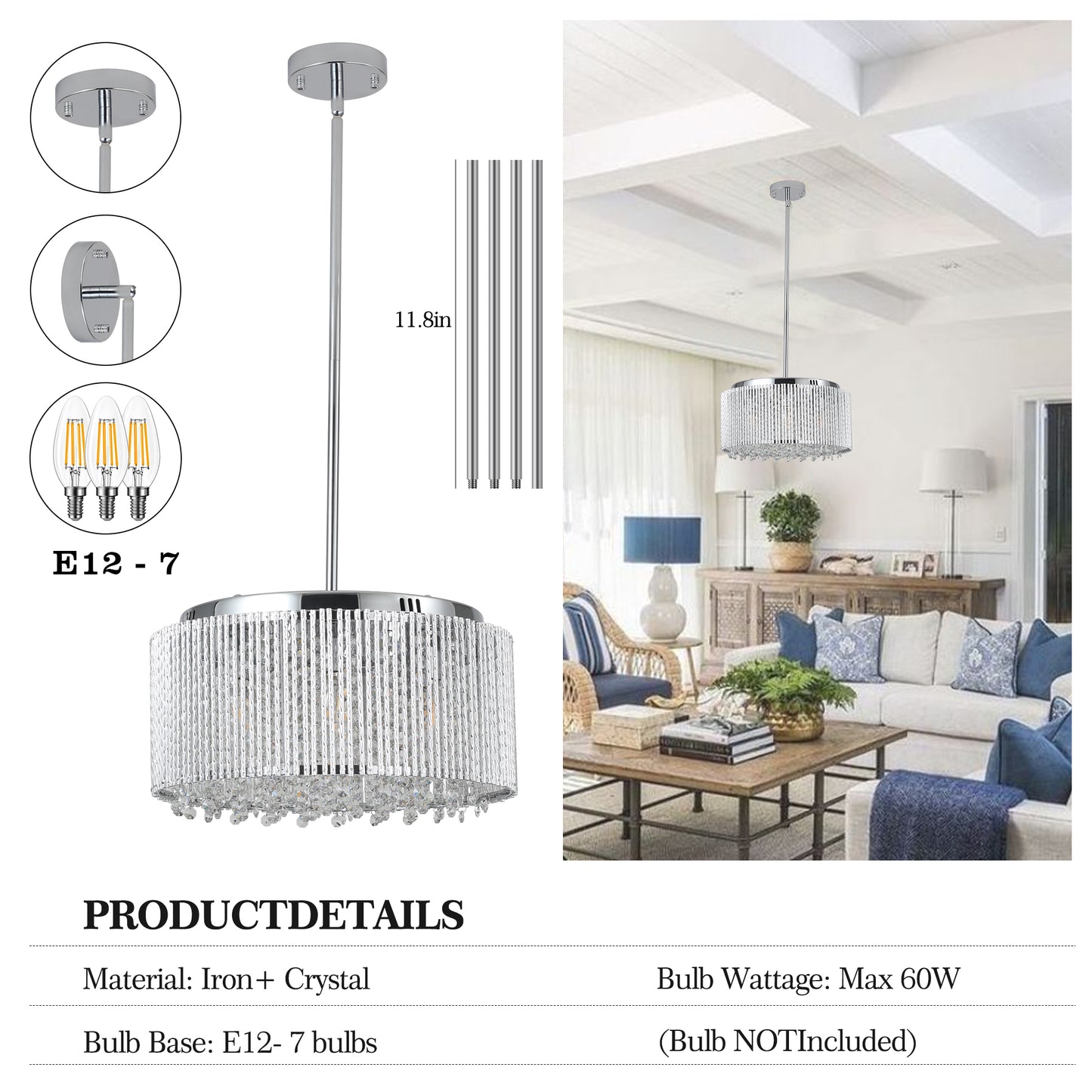 16" Elegant Crystal Pendant Chandelier with Chrome Finish – 7-Light Drum Light Fixture with Clear Crystal Strands for Dining Room, Living Room, or Bedroom (Bulb Not Included)