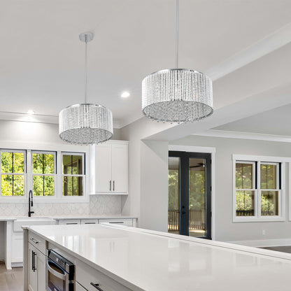 16" Elegant Crystal Pendant Chandelier with Chrome Finish – 7-Light Drum Light Fixture with Clear Crystal Strands for Dining Room, Living Room, or Bedroom (Bulb Not Included)