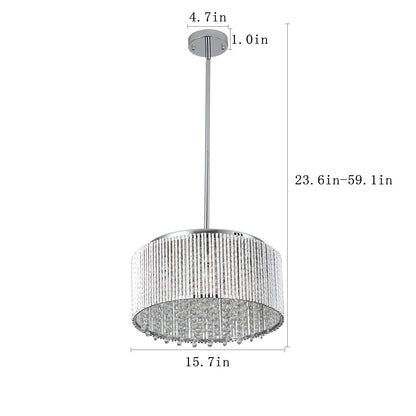 16" Elegant Crystal Pendant Chandelier with Chrome Finish – 7-Light Drum Light Fixture with Clear Crystal Strands for Dining Room, Living Room, or Bedroom (Bulb Not Included)