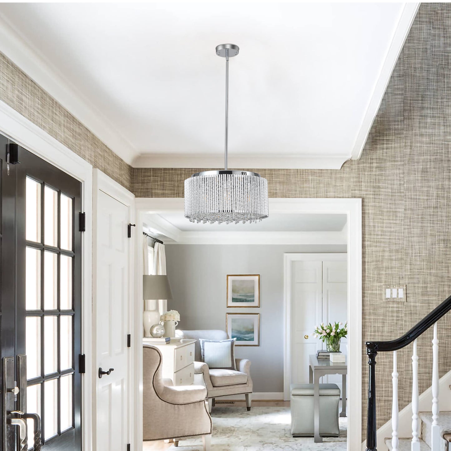 16" Elegant Crystal Pendant Chandelier with Chrome Finish – 7-Light Drum Light Fixture with Clear Crystal Strands for Dining Room, Living Room, or Bedroom (Bulb Not Included)