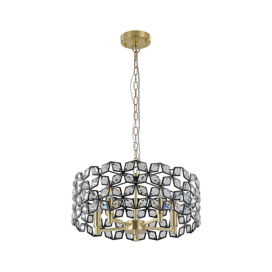 19" Geometric Crystal and BlackGold Round Pendant Chandelier – Modern 5-Light Fixture for Dining Room, Living Room, or Kitchen (Bulb Not Included)