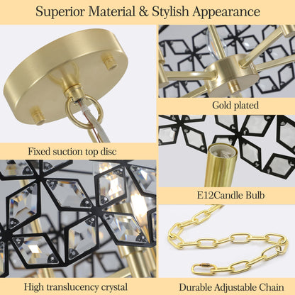 19" Geometric Crystal and BlackGold Round Pendant Chandelier – Modern 5-Light Fixture for Dining Room, Living Room, or Kitchen (Bulb Not Included)