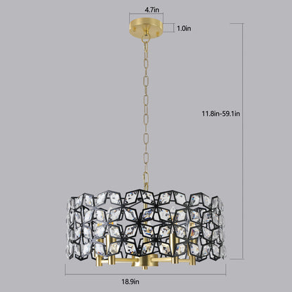 19" Geometric Crystal and BlackGold Round Pendant Chandelier – Modern 5-Light Fixture for Dining Room, Living Room, or Kitchen (Bulb Not Included)