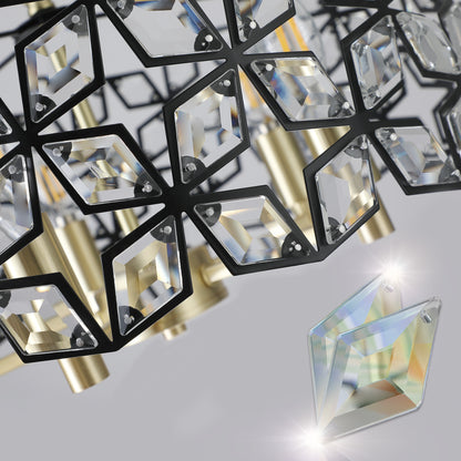 19" Geometric Crystal and BlackGold Round Pendant Chandelier – Modern 5-Light Fixture for Dining Room, Living Room, or Kitchen (Bulb Not Included)