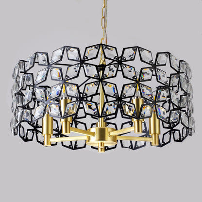 19" Geometric Crystal and BlackGold Round Pendant Chandelier – Modern 5-Light Fixture for Dining Room, Living Room, or Kitchen (Bulb Not Included)