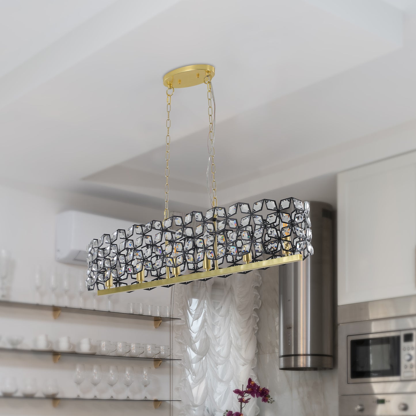 39" Contemporary Crystal and BlackGold Pendant Chandelier – Geometric Modern Light Fixture for Dining Room, Kitchen, or Living Room (Bulb Not Included)