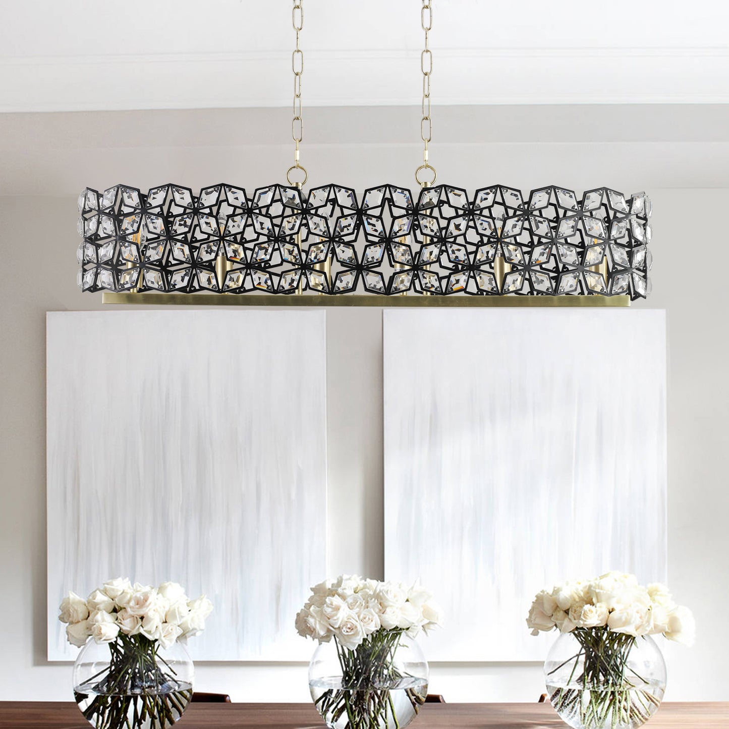 39" Contemporary Crystal and BlackGold Pendant Chandelier – Geometric Modern Light Fixture for Dining Room, Kitchen, or Living Room (Bulb Not Included)