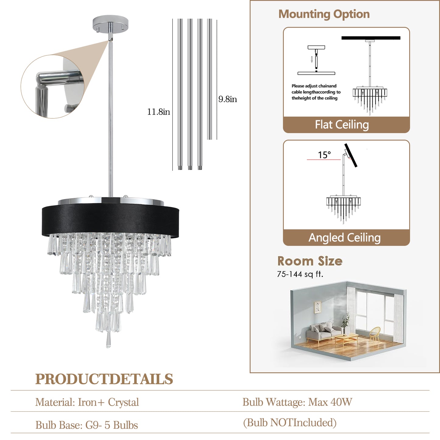 18-inch Modern Crystal Chandelier with Black Imitation Velvet Anti-Glare Shade, Adjustable Height, 8-Light G9 Base for Dining Room, Living Room, or Bedroom (Bulb Not Included)