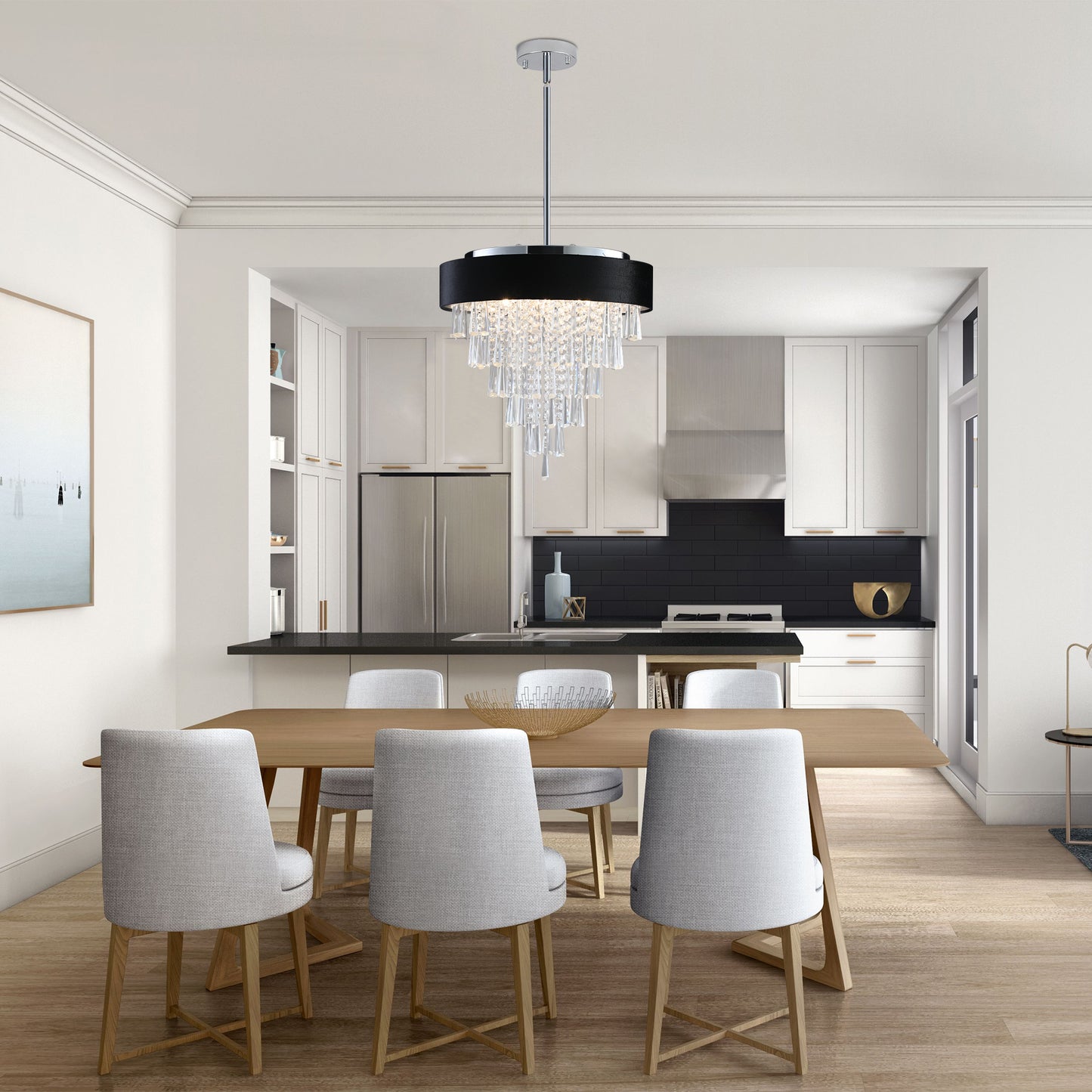 18-inch Modern Crystal Chandelier with Black Imitation Velvet Anti-Glare Shade, Adjustable Height, 8-Light G9 Base for Dining Room, Living Room, or Bedroom (Bulb Not Included)