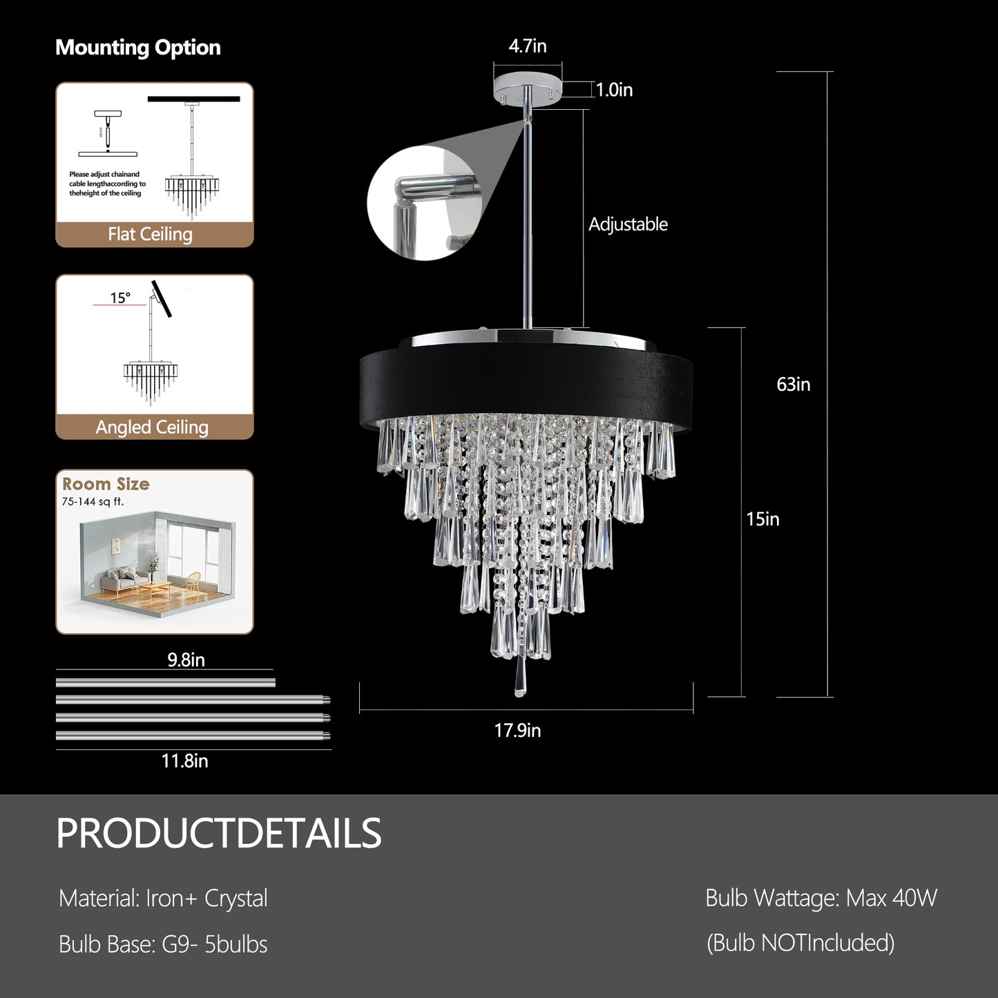 18-inch Modern Crystal Chandelier with Black Imitation Velvet Anti-Glare Shade, Adjustable Height, 8-Light G9 Base for Dining Room, Living Room, or Bedroom (Bulb Not Included)