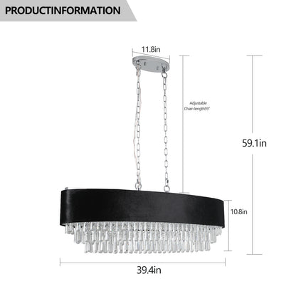 39" Modern Crystal Chandelier with Black Imitation Velvet Anti-Glare Shade, Adjustable Height, 8-Light G9 Base for Dining Room, Living Room, or Bedroom (Bulb Not Included)