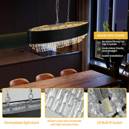 39" Modern Crystal Chandelier with Black Imitation Velvet Anti-Glare Shade, Adjustable Height, 8-Light G9 Base for Dining Room, Living Room, or Bedroom (Bulb Not Included)
