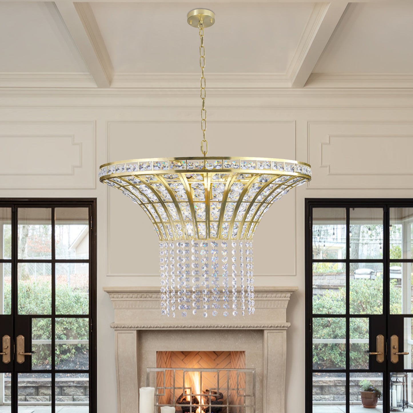 24" Modern Crystal Round Chandelier with Gold Finish, Elegant Pendant Light with Cascading Beads, for Dining Room, Living Room, or Foyer (No Bulbs)