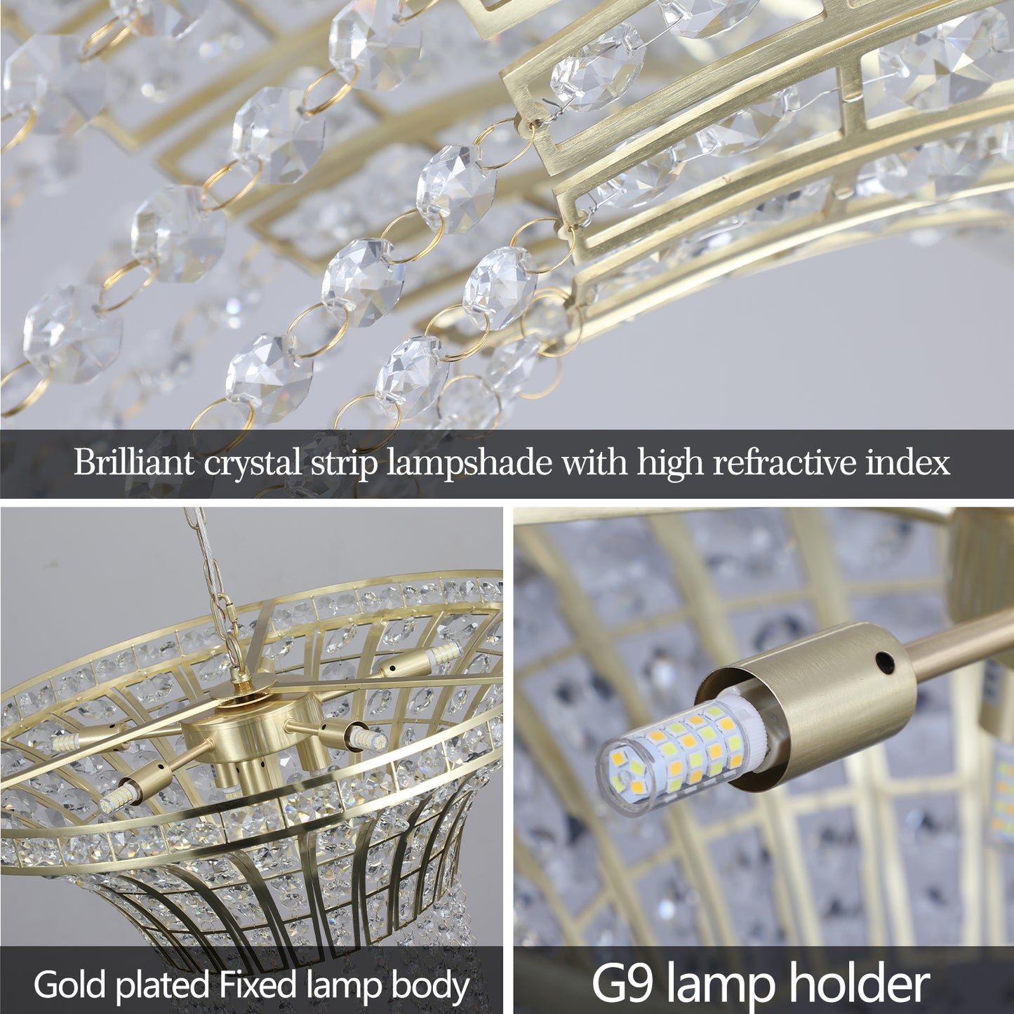 24" Modern Crystal Round Chandelier with Gold Finish, Elegant Pendant Light with Cascading Beads, for Dining Room, Living Room, or Foyer (No Bulbs)