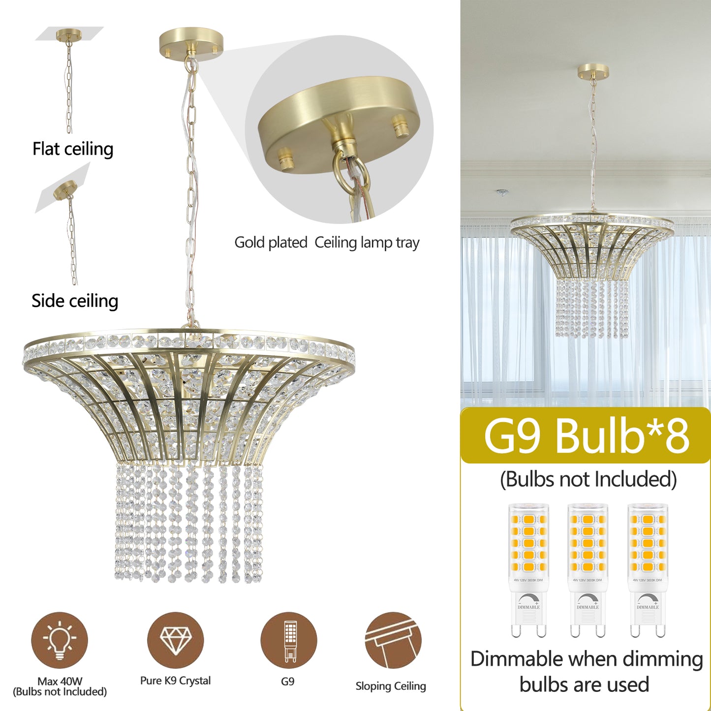 24" Modern Crystal Round Chandelier with Gold Finish, Elegant Pendant Light with Cascading Beads, for Dining Room, Living Room, or Foyer (No Bulbs)