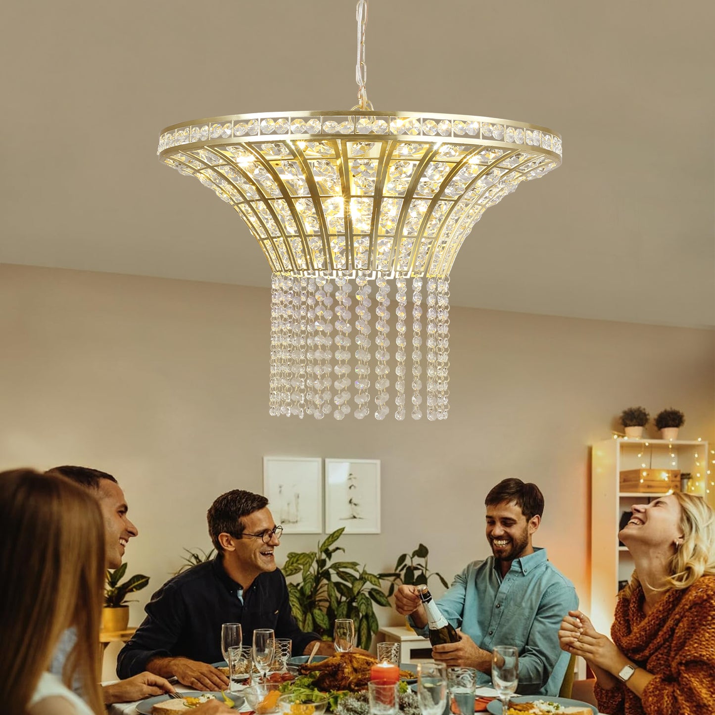 24" Modern Crystal Round Chandelier with Gold Finish, Elegant Pendant Light with Cascading Beads, for Dining Room, Living Room, or Foyer (No Bulbs)