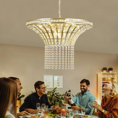 24" Modern Crystal Round Chandelier with Gold Finish, Elegant Pendant Light with Cascading Beads, for Dining Room, Living Room, or Foyer (No Bulbs)