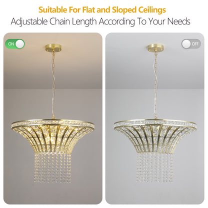 24" Modern Crystal Round Chandelier with Gold Finish, Elegant Pendant Light with Cascading Beads, for Dining Room, Living Room, or Foyer (No Bulbs)