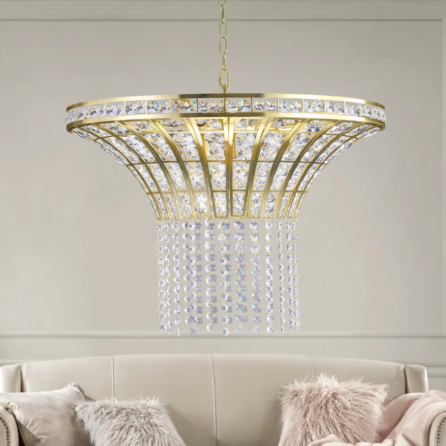 24" Modern Crystal Round Chandelier with Gold Finish, Elegant Pendant Light with Cascading Beads, for Dining Room, Living Room, or Foyer (No Bulbs)