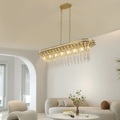 39" Modern Crystal Linear Rectangle Chandelier with Gold Finish, Elegant Pendant Light with Cascading Beads, for Dining Room, Living Room, or Foyer (Bulb Not Included)