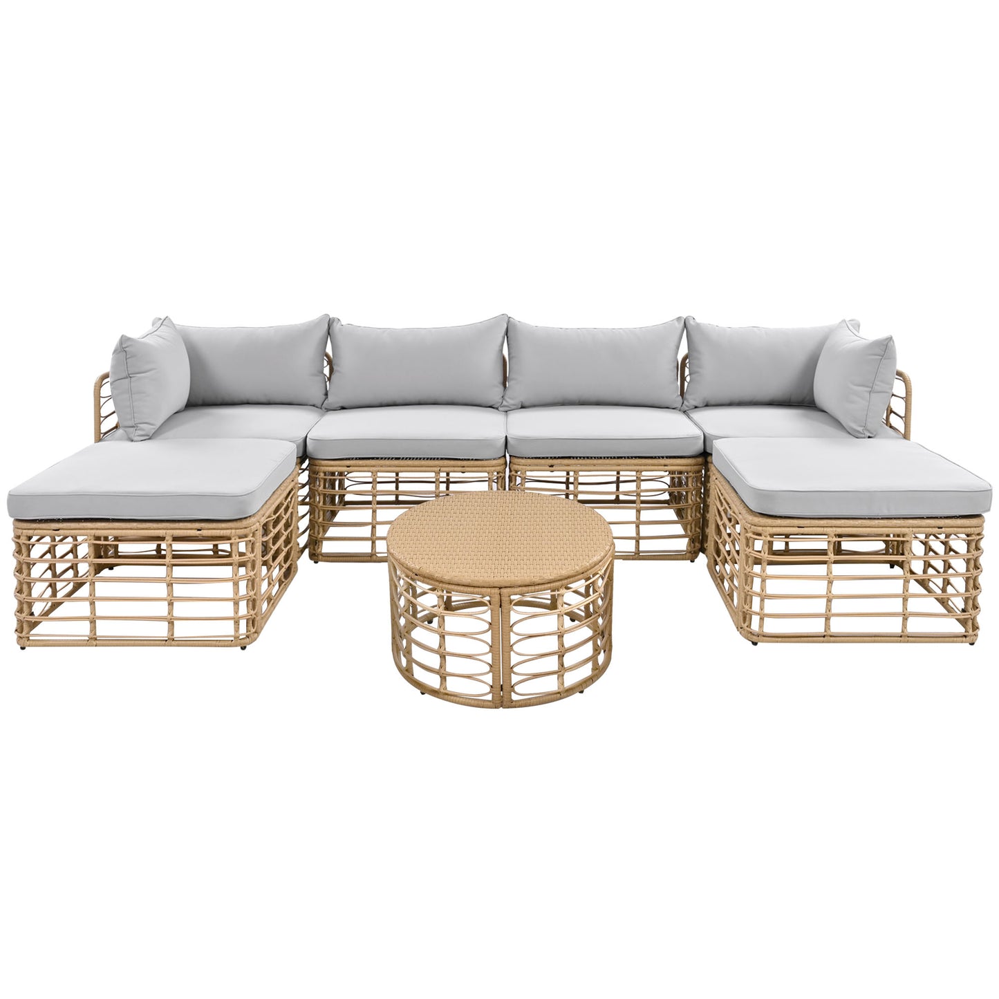 GO 7 Pieces Outdoor Patio Furniture, All-Weather Rattan Sectional Sofa Set with Thick Cushions and Pillows, Freely Combined Conversation Sets for Garden, Backyard, Balcony, Gray
