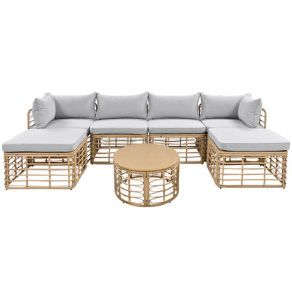 GO 7 Pieces Outdoor Patio Furniture, All-Weather Rattan Sectional Sofa Set with Thick Cushions and Pillows, Freely Combined Conversation Sets for Garden, Backyard, Balcony, Gray