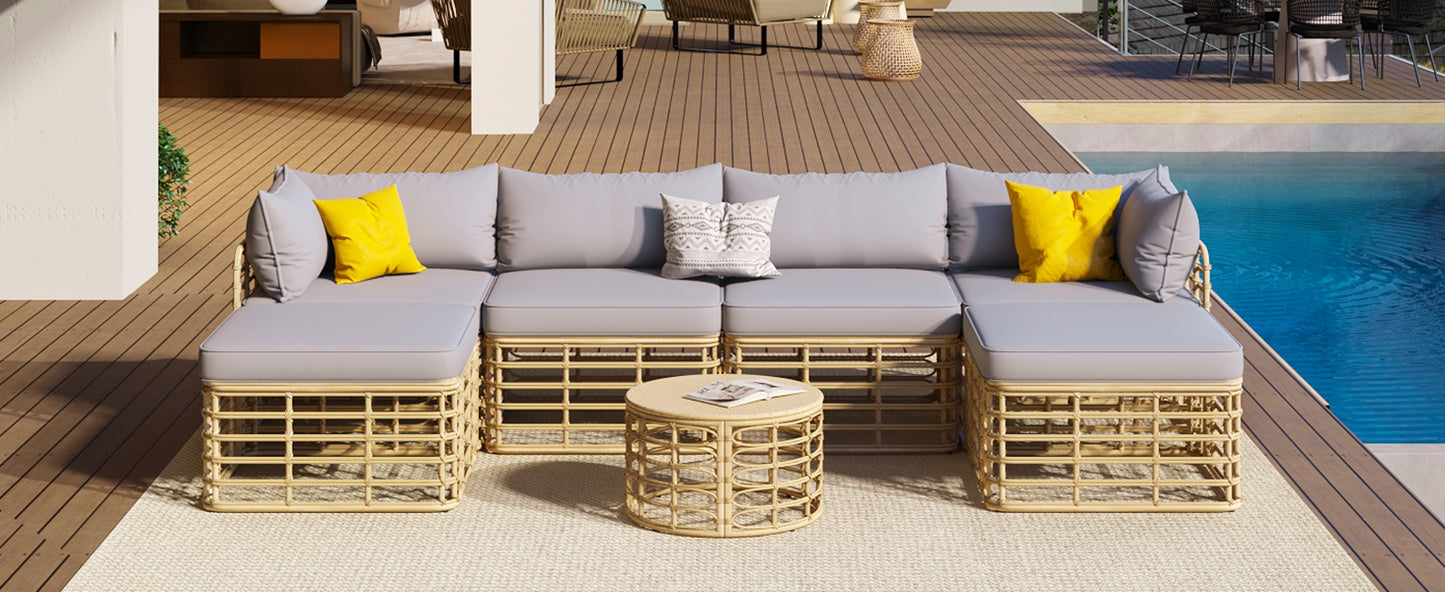 GO 7 Pieces Outdoor Patio Furniture, All-Weather Rattan Sectional Sofa Set with Thick Cushions and Pillows, Freely Combined Conversation Sets for Garden, Backyard, Balcony, Gray