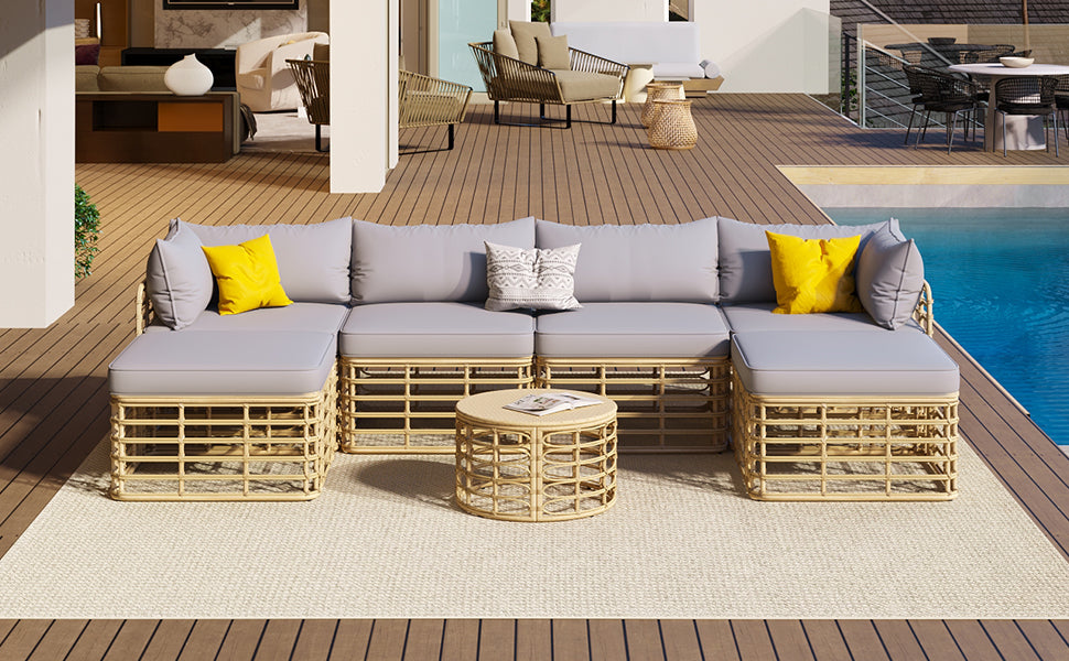 GO 7 Pieces Outdoor Patio Furniture, All-Weather Rattan Sectional Sofa Set with Thick Cushions and Pillows, Freely Combined Conversation Sets for Garden, Backyard, Balcony, Gray