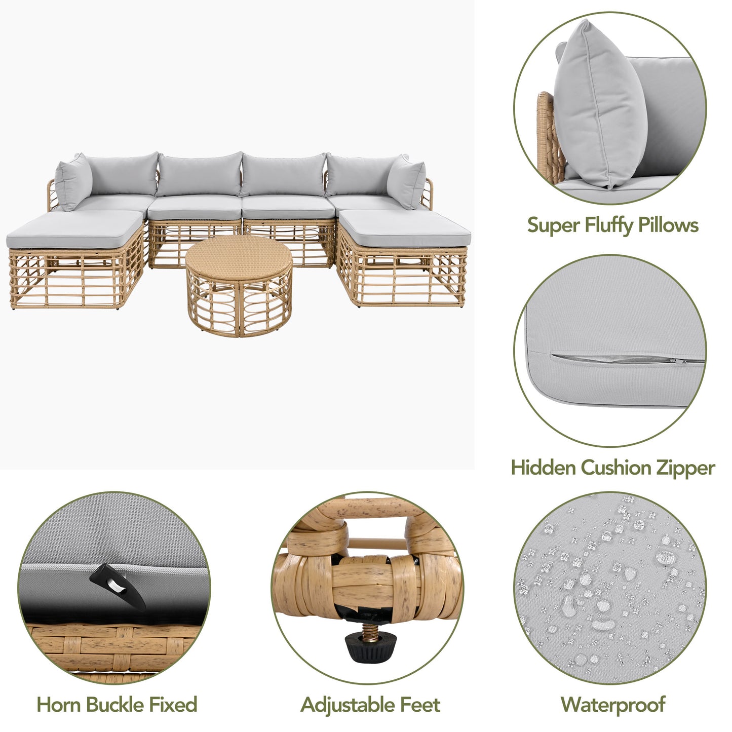 GO 7 Pieces Outdoor Patio Furniture, All-Weather Rattan Sectional Sofa Set with Thick Cushions and Pillows, Freely Combined Conversation Sets for Garden, Backyard, Balcony, Gray