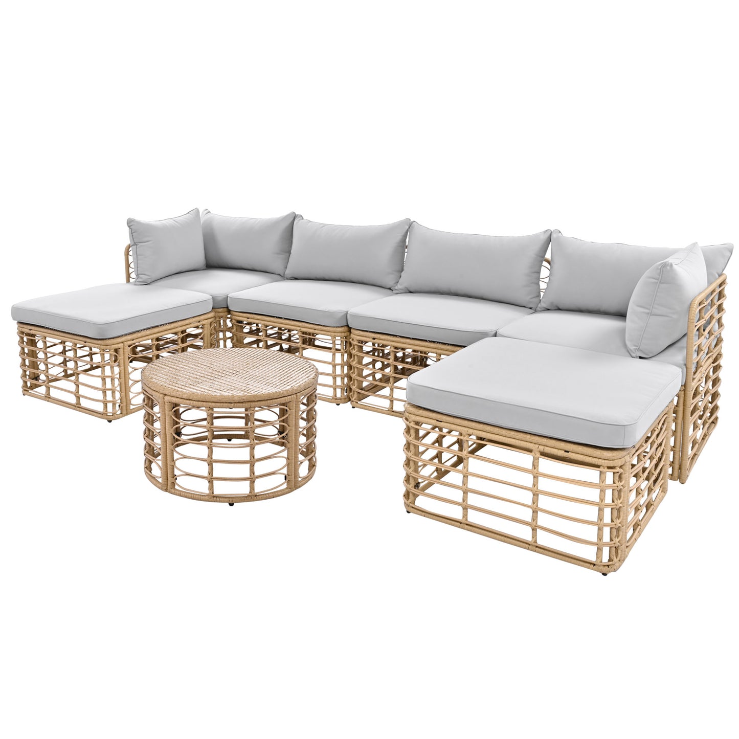 GO 7 Pieces Outdoor Patio Furniture, All-Weather Rattan Sectional Sofa Set with Thick Cushions and Pillows, Freely Combined Conversation Sets for Garden, Backyard, Balcony, Gray