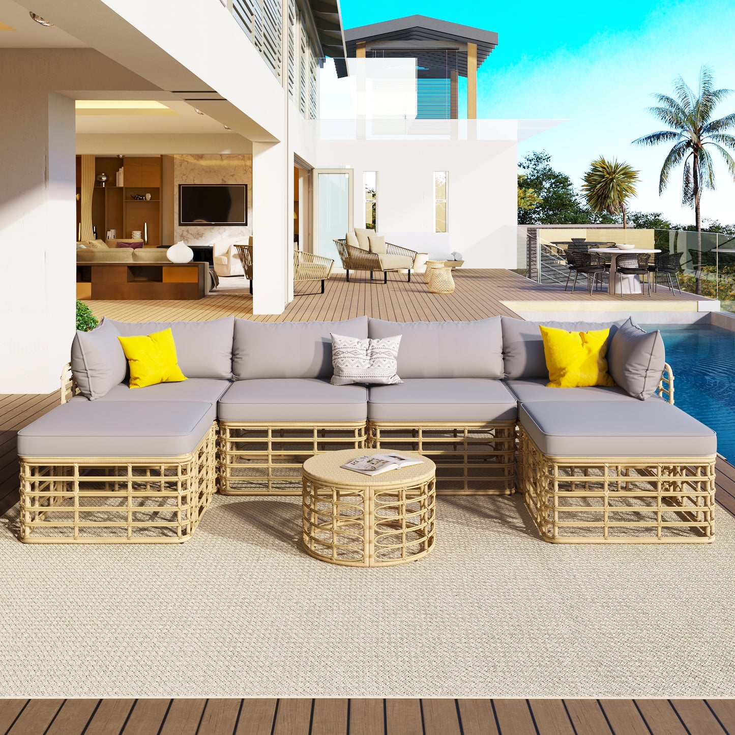 GO 7 Pieces Outdoor Patio Furniture, All-Weather Rattan Sectional Sofa Set with Thick Cushions and Pillows, Freely Combined Conversation Sets for Garden, Backyard, Balcony, Gray