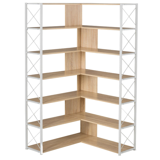 7-Tier Bookcase Home Office Bookshelf, L-Shaped Corner Bookcase with Metal Frame, Industrial Style Shelf with Open Storage, MDF Board