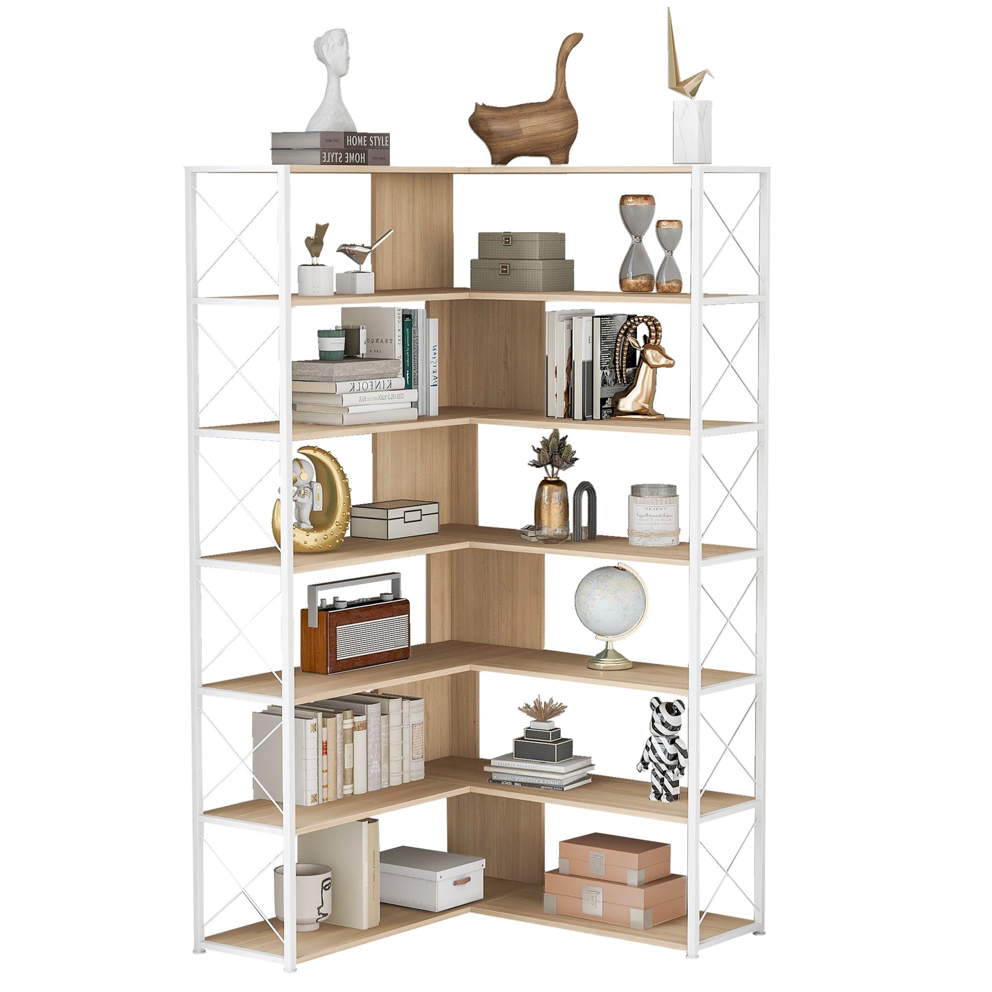 7-Tier Bookcase Home Office Bookshelf, L-Shaped Corner Bookcase with Metal Frame, Industrial Style Shelf with Open Storage, MDF Board