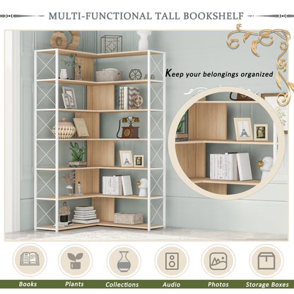 7-Tier Bookcase Home Office Bookshelf, L-Shaped Corner Bookcase with Metal Frame, Industrial Style Shelf with Open Storage, MDF Board