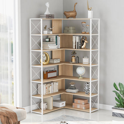 7-Tier Bookcase Home Office Bookshelf, L-Shaped Corner Bookcase with Metal Frame, Industrial Style Shelf with Open Storage, MDF Board