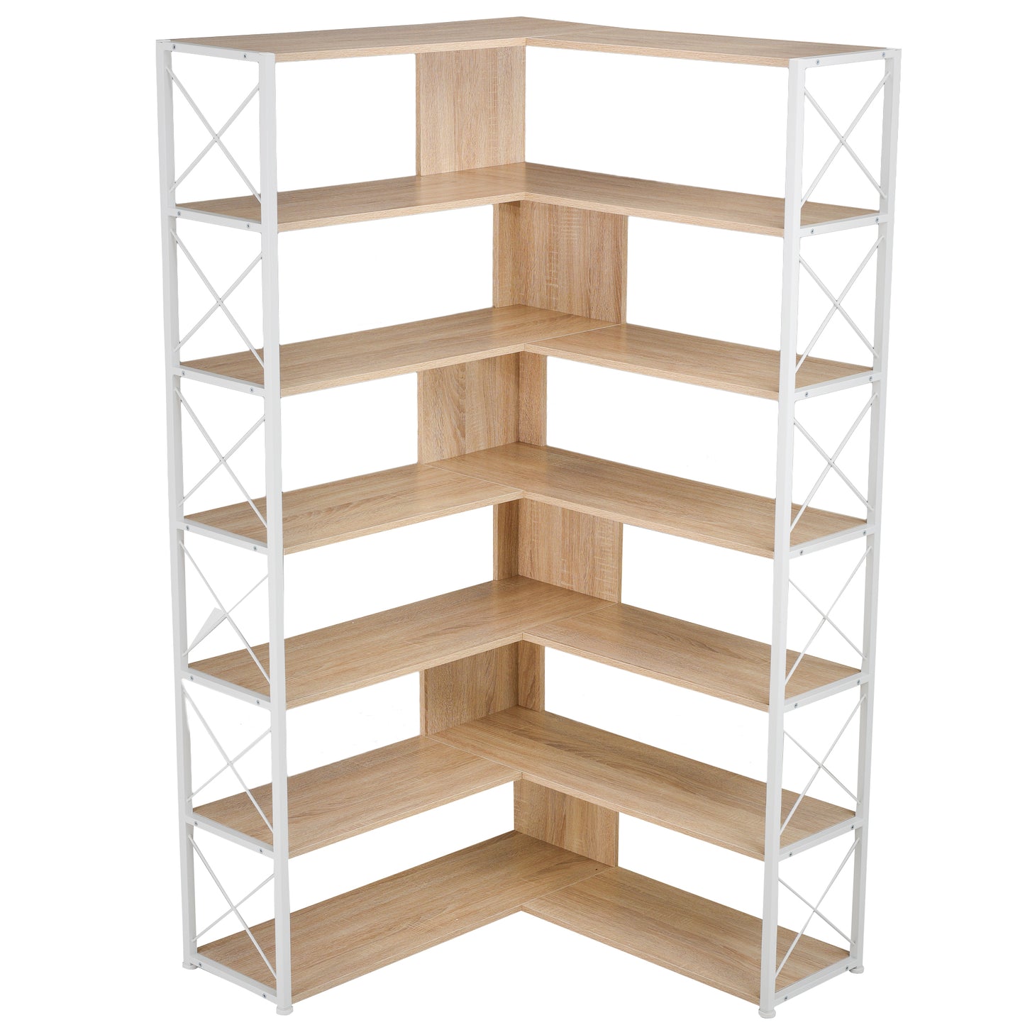 7-Tier Bookcase Home Office Bookshelf, L-Shaped Corner Bookcase with Metal Frame, Industrial Style Shelf with Open Storage, MDF Board