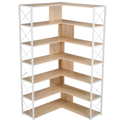 7-Tier Bookcase Home Office Bookshelf, L-Shaped Corner Bookcase with Metal Frame, Industrial Style Shelf with Open Storage, MDF Board