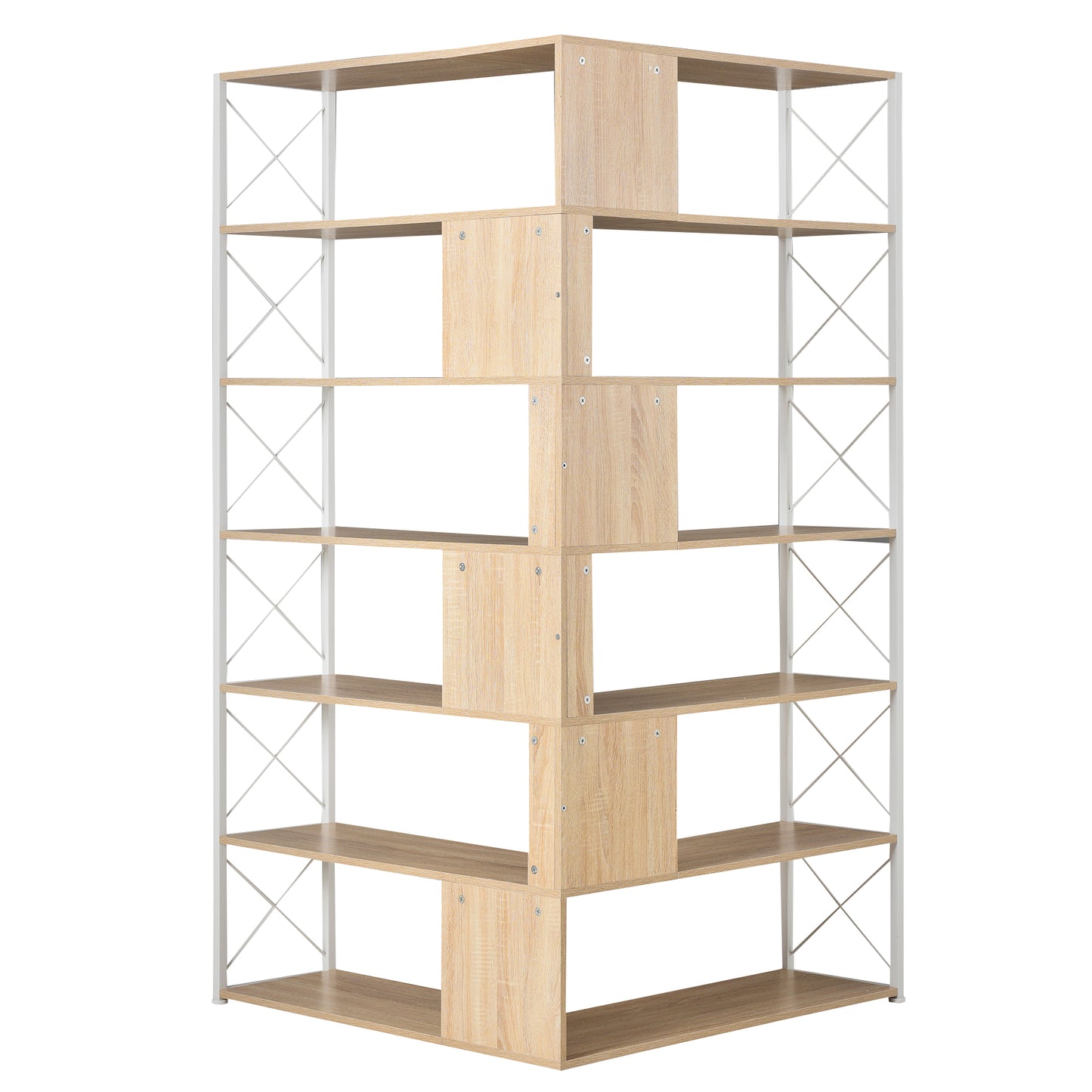7-Tier Bookcase Home Office Bookshelf, L-Shaped Corner Bookcase with Metal Frame, Industrial Style Shelf with Open Storage, MDF Board