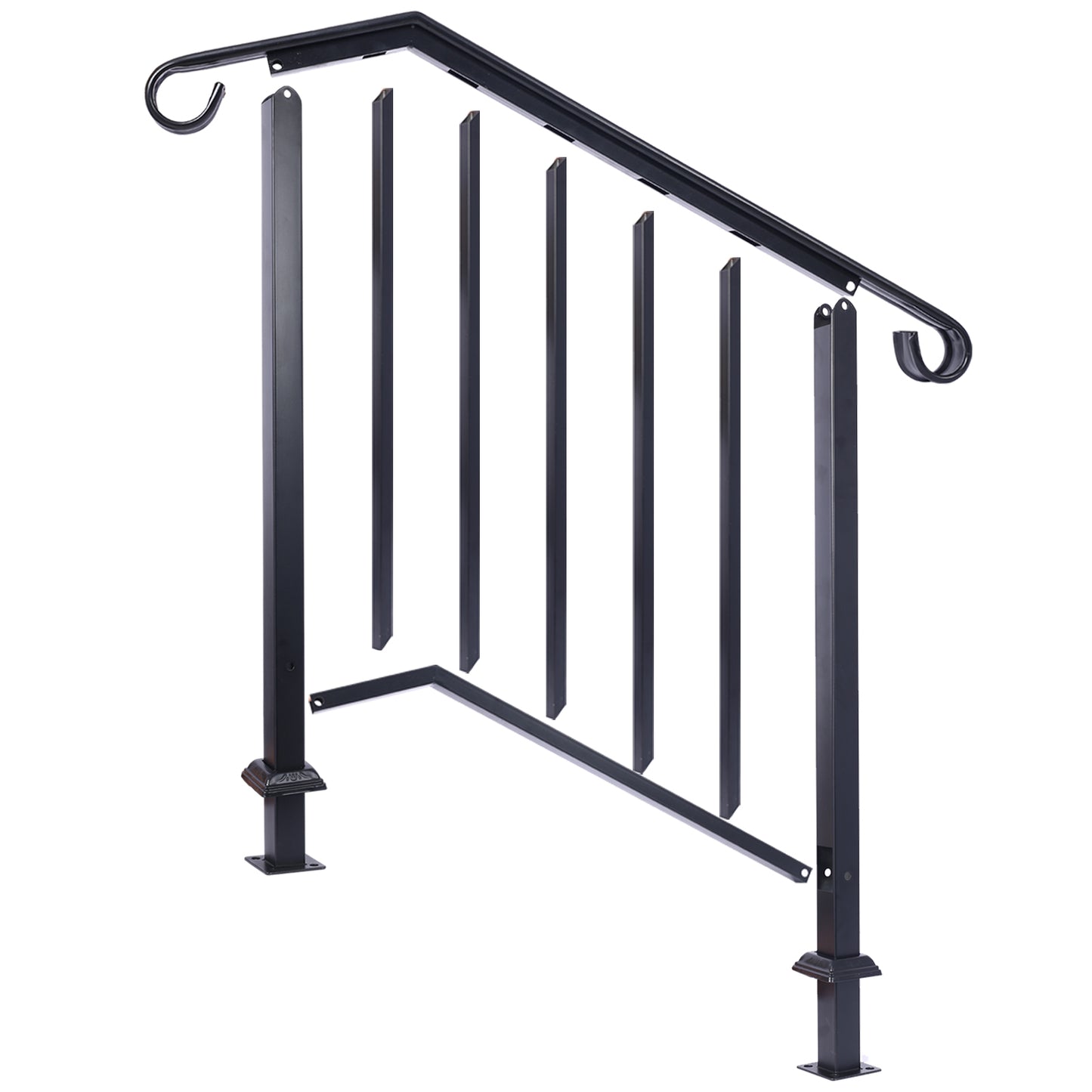 Handrails for Outdoor Steps, Fit 2 or 3 Steps Outdoor Stair Railing, Picket#2 Wrought Iron Handrail, Flexible Porch Railing, Black Transitional Handrails for Concrete Steps or Wooden Stairs