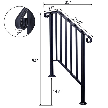 Handrails for Outdoor Steps, Fit 2 or 3 Steps Outdoor Stair Railing, Picket#2 Wrought Iron Handrail, Flexible Porch Railing, Black Transitional Handrails for Concrete Steps or Wooden Stairs