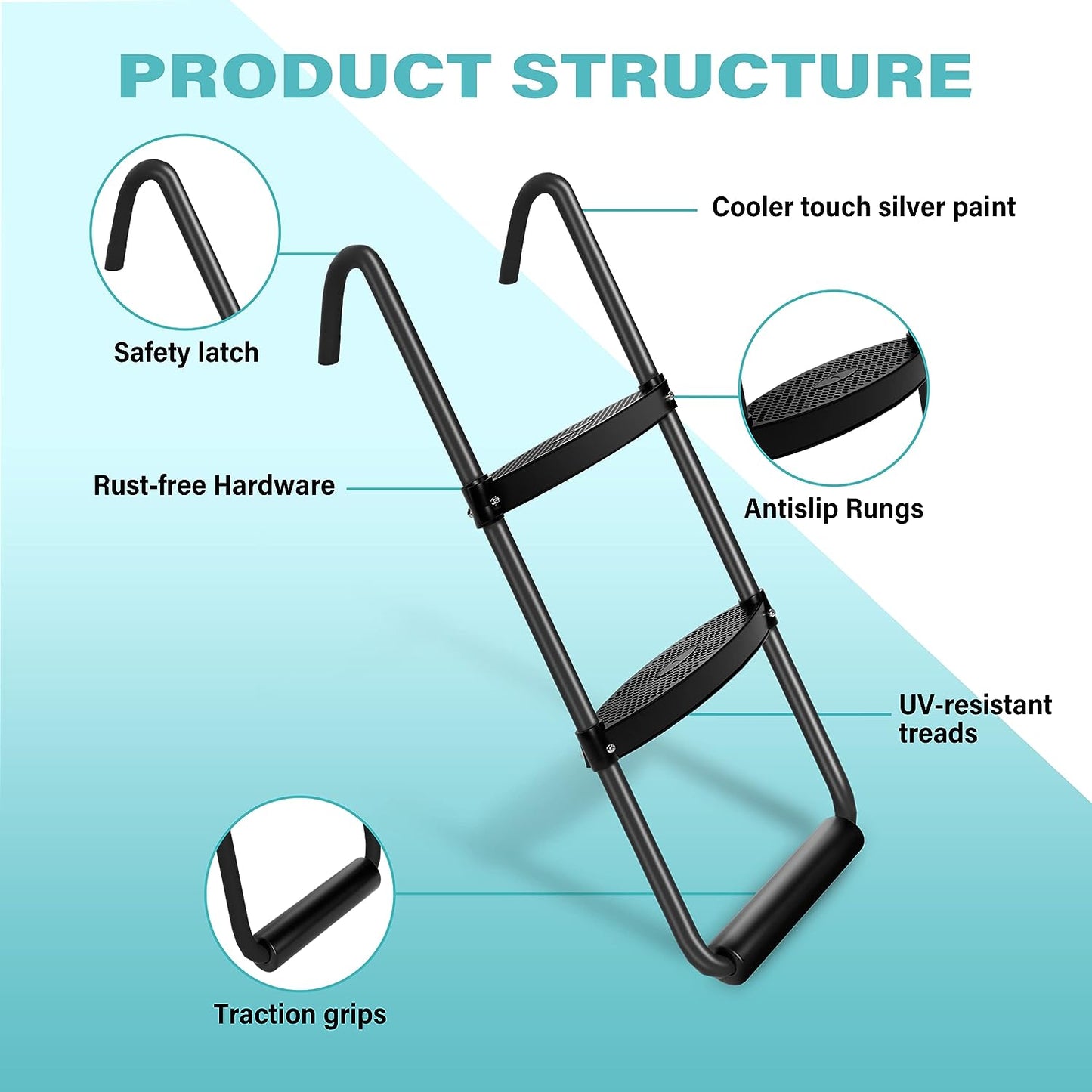 Simple Deluxe Trampoline Ladder with Horizontal Wide Steps Skid-Proof Steps Simple Deluxe 12FT 14FT Trampoline Stairs Accessories, Universal Hook UV Treated Steel 220 lbs, Trampoline Parts Black