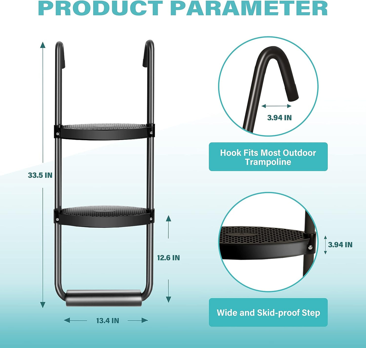 Simple Deluxe Trampoline Ladder with Horizontal Wide Steps Skid-Proof Steps Simple Deluxe 12FT 14FT Trampoline Stairs Accessories, Universal Hook UV Treated Steel 220 lbs, Trampoline Parts Black