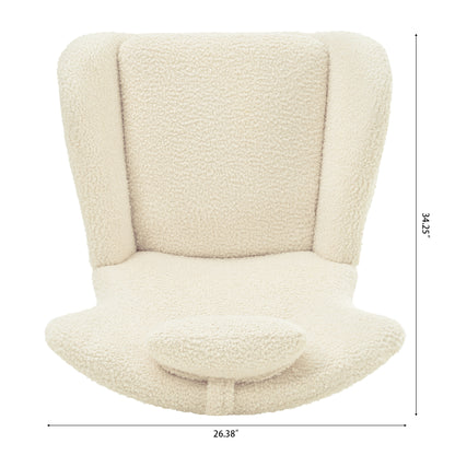 Rocking Chair Nursery, Teddy Upholstered Rocker Glider Chair with High Backrest, Adjustable Headrest & Pocket, Comfy Glider Chair for Nursery, Bedroom, Living Room, Offices, Rubber wood, beige